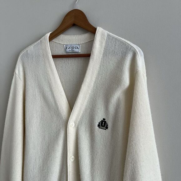 IZOD vintage Cardigan Sweater Mens M Ivory Y2K Oversized Grandpa Preppy Academia - Picture 9 of 13